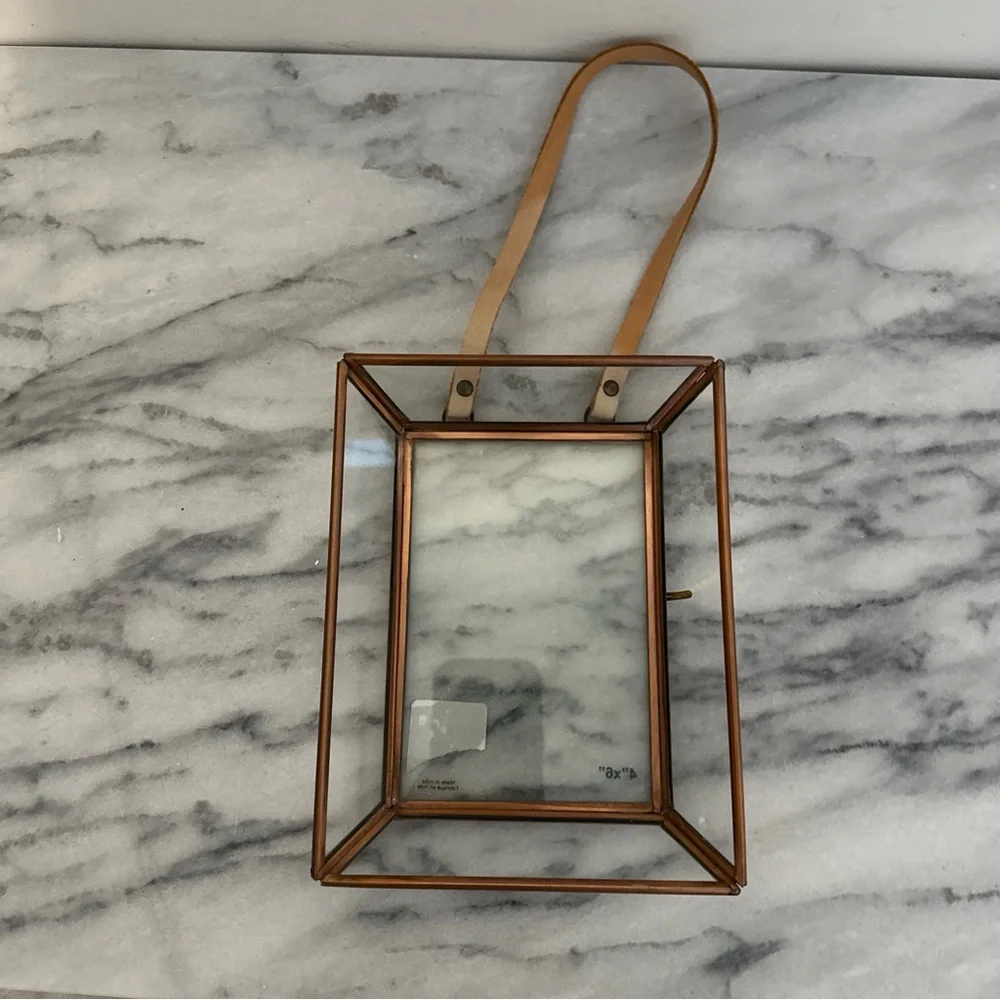 Anthropologie Townsend brass box style picture photo frame with leather string